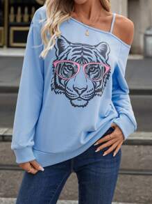 SHEIN LUNE Women's Blue Tiger Print Open Shoulder Sweatshirt, Autumn/Winter