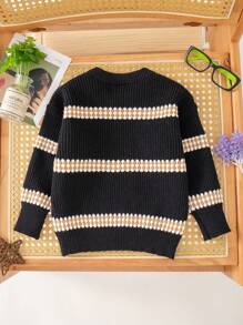 SHEIN Sweater Pullover Kasual Bergaris Lengan Panjang Kerah Bulat untuk Anak Laki-Laki - Hitam - View 2