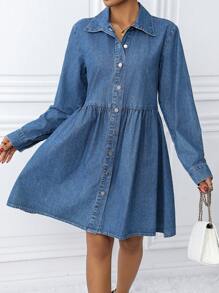 SHEIN LUNE 女士休闲牛仔连衣裙，简约时尚，适合日常穿着 - 中等水洗藍 - 查看 3