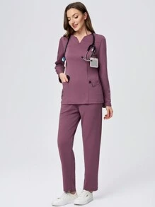 TaskEZ 2pcs Multi-Pocket Long Sleeve Top & Pants Nursing Scrub Uniform Set - Red Violet - View 7
