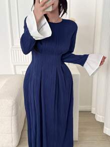 Modelyn Women's Elegant Long Dress, Round Neck Contrast Color Flare Sleeve - Blue - View 1