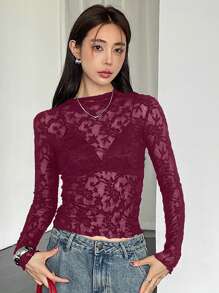 DAZY 女士薄纱蕾丝高领修身长袖衬衫，情人节/秋季服装 - 紅色 - 查看 3