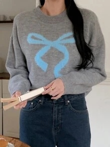 DAZY 秋季新款女士毛绒蝴蝶结针织毛衣 - 灰色 - 查看 2