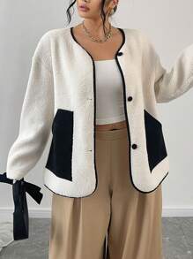Flirla Plus Size Women Faux Single Breasted Contrast Color Pocket Jacket, Autumn/Winter - Black and White - View 4