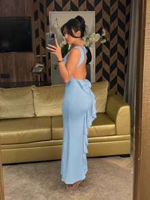 SHEIN SXY Váy mùa hè Váy lễ Phục sinh Váy mềm Váy dạ hội Váy dự tiệc màu trắng Váy đỏ Váy gợi cảm Váy đuôi cá xếp nếp hở lưng thanh lịch - Màu xanh nhạt - Xem 3
