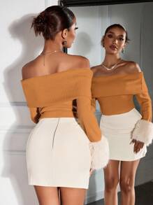 SHEIN SXY Jesienne ubrania damskie; Damskie wiosenne jesienne jednolite kolory patchworkowe futrzane mankiety odkryte ramiona dopasowane modne bluzki wyjściowe dla kobiet, elegancki strój na codzienne randki, klubowanie, imprezy i wydarzenia noworoczne; Noworoczny strój damski