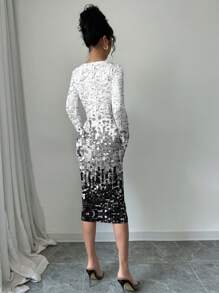 SHEIN Clasi Women's Silver-Gray Ombre Sequin Printed Round Neck Long Sleeve Mid-Length Fitted Dress Holiday Party Women Outfit Chic Dress