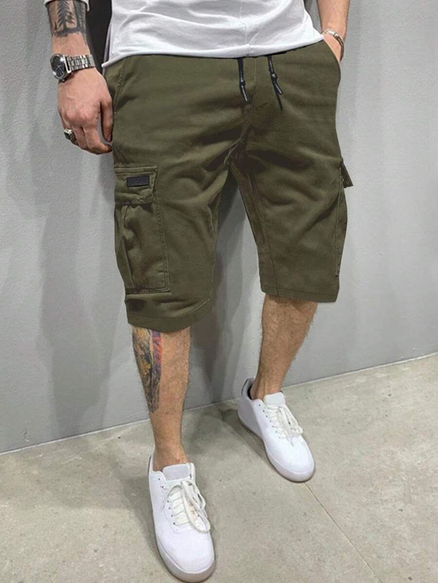 Manfinity Homme Pantalones cortos cargo holgados y casuales con bolsillos con solapa y cordón para hombre, regalos para esposo o novio