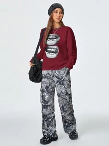 Coolane Jumper Longgar Kasual Bergambar Gaya Streetwear Y2K untuk Wanita - Burgundy - View 8