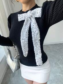 Selianne 女士亮片蝴蝶结设计修身优雅毛衣，独特显瘦的秋冬新款针织套头衫 - 彩色 - 查看 7
