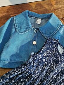 Completo da bambina composto da giacca di jeans elegante e classica con ampio colletto e maniche corte lunghe + abito ampio con scollo tondo e senza maniche, in blu navy e bianco con stampa floreale stile campagna francese, 2 pezzi - Blu - Visualizzare 8