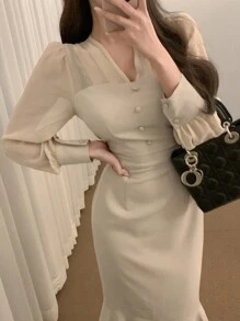 DAZY V领雪纺拼接优雅法式收腰美人鱼下摆长裙女士荷叶边秋季连衣裙长袖连衣裙 - 杏色 - 查看 3