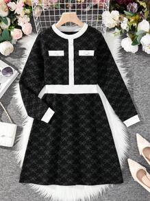 Women's Elegant Minimalist A-Line Colorblocked Sweater Dress - Black - View 1