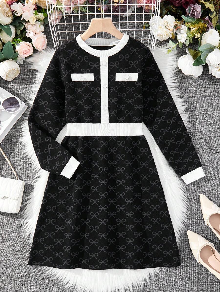 Women's Elegant Minimalist A-Line Colorblocked Sweater Dress - Black - View 1