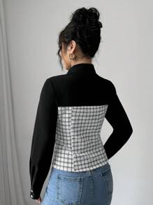 SHEIN Essnce Women Elegant Patchwork Tweed Long Sleeve Shirt, Spring,Office Siren,Valentine's Day Blouse - Black and White - View 2