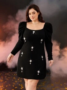 SHEIN MOD 加大码黑色优雅羊腿袖珍珠缀饰迷你连衣裙加大码冬季连衣裙黑色加大码连衣裙