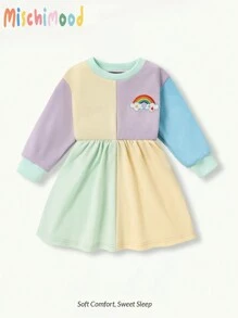 女宝宝彩虹刺绣多色拼布甜美可爱长袖休闲连衣裙