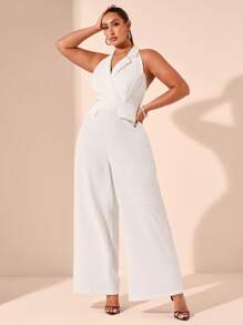 SHEIN BAE Plus Size Women White Elegant Jumpsuit Wide Leg Pants, Suitable For Valentine's Day, Summer, Birthday, Formal Occasions, Work, Party, Music Festival, High Waist, V-Neck - White - View 5