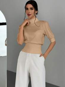 Firerie Women's Solid Color Stand Collar Waist Cinched Bubble Sleeve T-Shirt, Elegant And Suitable For Going Out In Spring And Summer