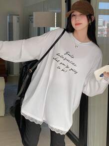 DAZY Women Slogan Print Drop Shoulder Long Sleeve Casual T-Shirt, Autumn,Graphic Tees - White - View 6