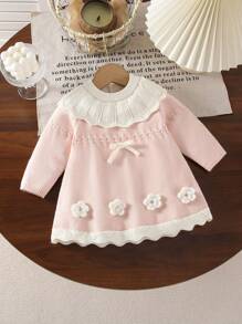 SHEIN 女婴高领针织长袖毛衣裙，舒适保暖，适合秋冬季，粉色和浅色，百搭，优雅蝴蝶结，蕾丝设计，时尚款式，适合上学、日常穿着、室内、户外、旅行