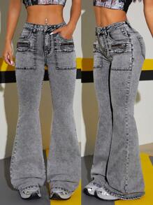 SHEIN ICON Jeans de mezclilla ajustados de tiro bajo con pierna acampanada para mujeres