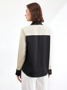 BizChic 女士缎面撞色办公室衬衫，优雅通勤工作服，适合新年、约会、春夏季 - 黑色 - 查看 6