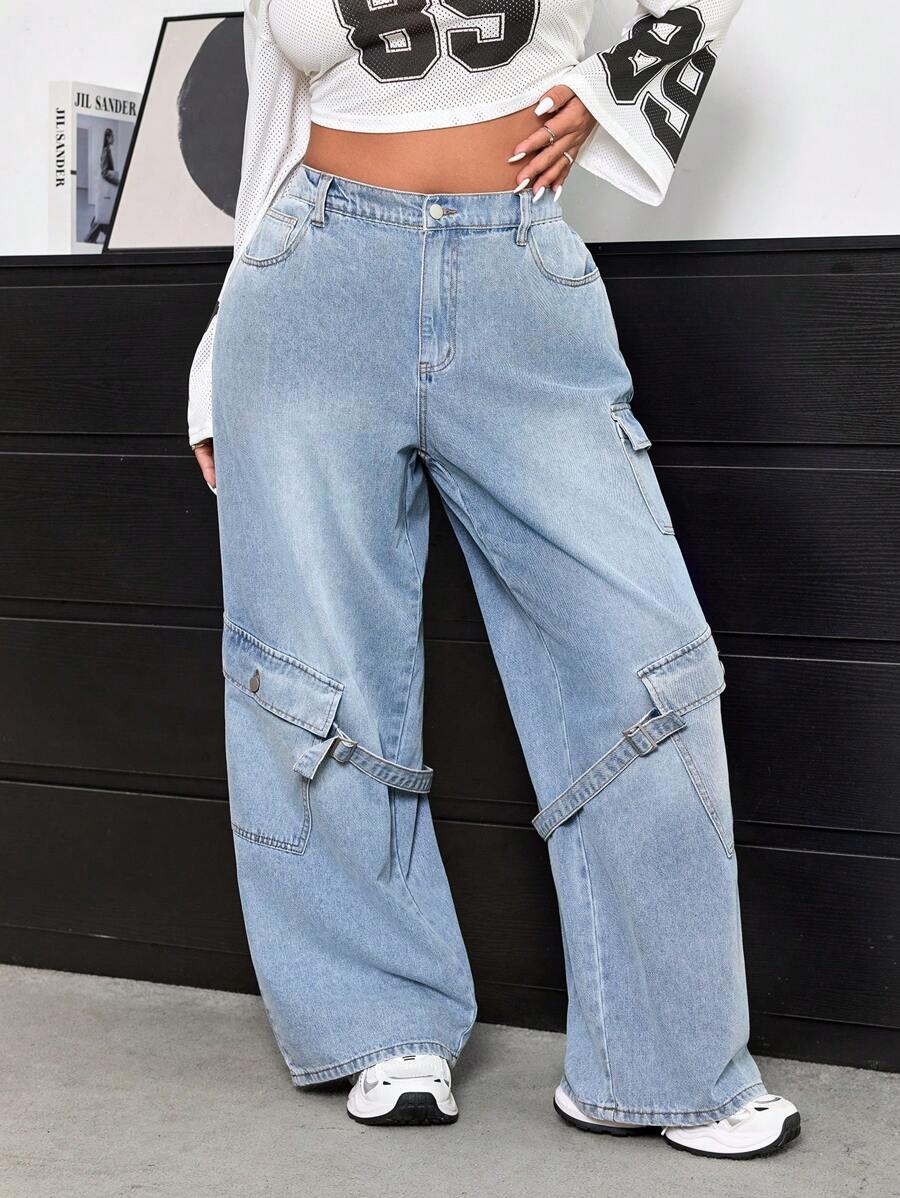 SHEIN EZwear Quần Cargo thiết kế túi trước có nút cỡ lớn, mặc thường ngày - Rửa nhẹ - Xem 1