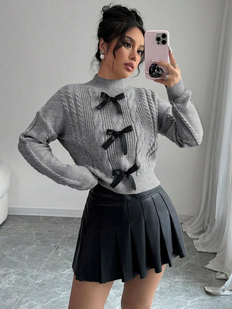 Selianne French Knot Bow Soft & Fluffy Winter Sweater, Sweet Pullover For Women Knit Pullover Fall Sweater - Grey - View 1