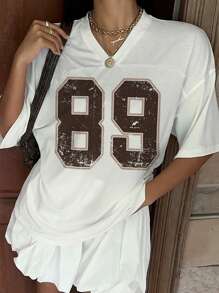 Muchica 休闲简约V领宽松短袖运动衫，89数字印花图案T恤，适合夏季