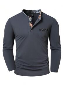 Manfinity Homme Plus Size Men's Solid Color Patchwork Front Button Long Sleeve Pocket Golf Polo Shirt