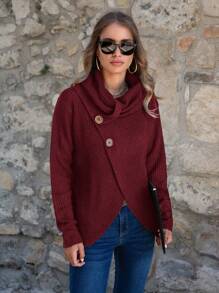 SHEIN LUNE Women Solid Color Button Design Long Sleeve Sweater, Suitable For Valentine's Day, New Year's Celebration