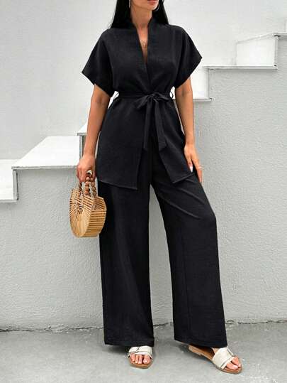 SHEIN Plus Size Women Solid Color Twist Waist Short Sleeve Top And Wide Leg Pants Casual Outfit