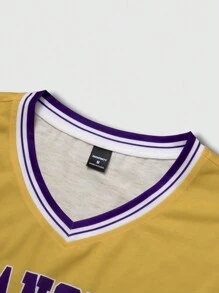 Aesthetic Post Camiseta holgada de hombre con estampado numérico casual, Camiseta de baloncesto holgada de color amarillo brillante con diseño de cuello en V clásico y letras y números de Los Ángeles en morado, Adecuado para uso casual de verano - Amarillo - Ver 5