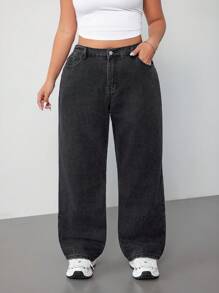SHEIN EZwear Plus High Waist Straight Leg Jeans - Black - View 1