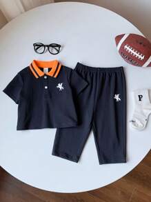 SHEIN Set di polo a contrasto navy e pantaloni con vita elastica per neonati/neonati, outfit estivo - Multicolore - Visualizzare 3