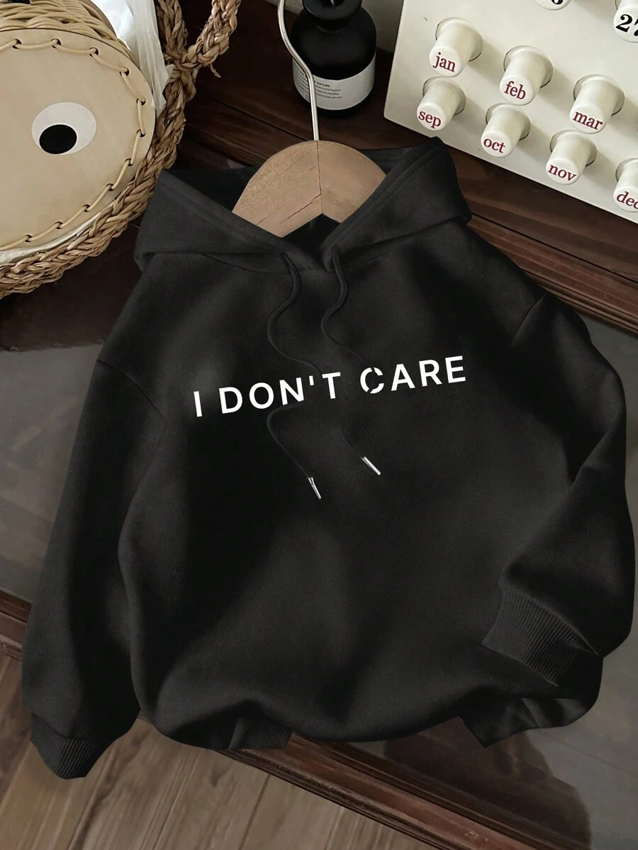 SHEIN EZwear 休闲简约“I Dant Care”字母图案超大加厚连帽卫衣，适合秋冬季 - 黑色 - 查看 1