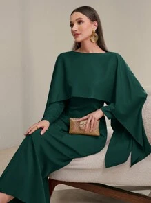 Modelyn 女士纯色圆领拼布阿巴雅长裙，优雅阿拉伯设计长款晚礼服，端庄