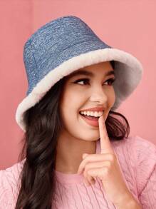 SHEIN MOD 1pc Women Blue & White Fuzzy Rim Bucket Hat For Winter - Baby Blue - View 5