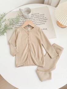 SHEIN Babygirl Cute Casual Solid Color Long Sleeve Top And Elastic Waist Pants 2pcs Set