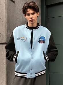 Manfinity RebelGame 男士梭织时尚休闲宽松夹克，适合日常穿着，年轻都市时尚彩色图案长袖棒球夹克，适合朋友、丈夫、男朋友的礼物，适合秋冬 - 彩色 - 查看 1