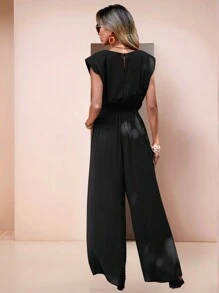 SHEIN LUNE 素色斜口袋闊腿連體褲 - 黑色 - 查看 2