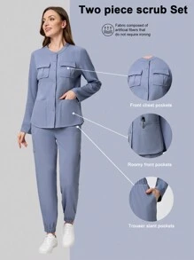 Scrubzie 2 件套抗皱多口袋衬衫长袖上衣和裤子，女士医疗保健手术服 - 淺藍色 - 查看 8