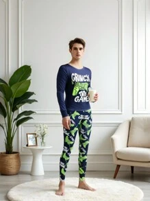 SHEIN Teen Boys' Snug Fit Video Game Graphic Print Long Sleeve Pajamas Set