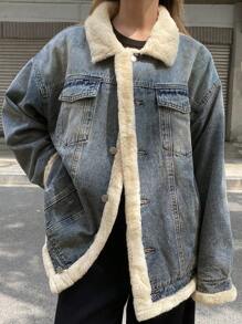 DAZY 女士休闲日常拼接流苏保暖牛仔外套，秋冬季，保暖内衬 - 中等水洗藍 - 查看 7