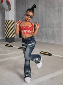 SHEIN SLAYR KIDS Tween Girls Y2K Retro Washed 70S Flare Leg Jeans With Slanted Pocket,Tween Girl Fall Clothes Back To School Clothes Outfits - Dark Wash - View 4