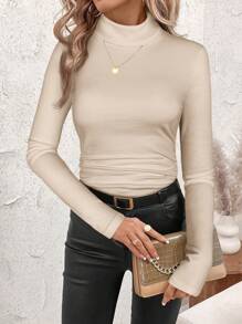 SHEIN Clasi Women Stand Collar Gathered Waist Fleece Warm T-Shirt - Apricot - View 6