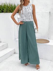 SHEIN Clasi Bộ 2 chiếc áo cánh không tay rộng rãi họa tiết hình học thanh lịch dành cho nữ và quần dài Palazzo xanh rộng rãi, thoải mái và đa năng cho trang phục hàng ngày mùa xuân/hè - Nhiều màu - Xem 7