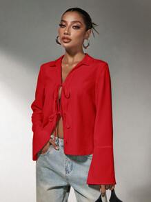 SHEIN SXY Blusa roja con lazo, manga larga y corte suelto para mujer, elegante y glamorosa, ideal para cenas y banquetes festivos en otoño/invierno - Rojo - Ver 7