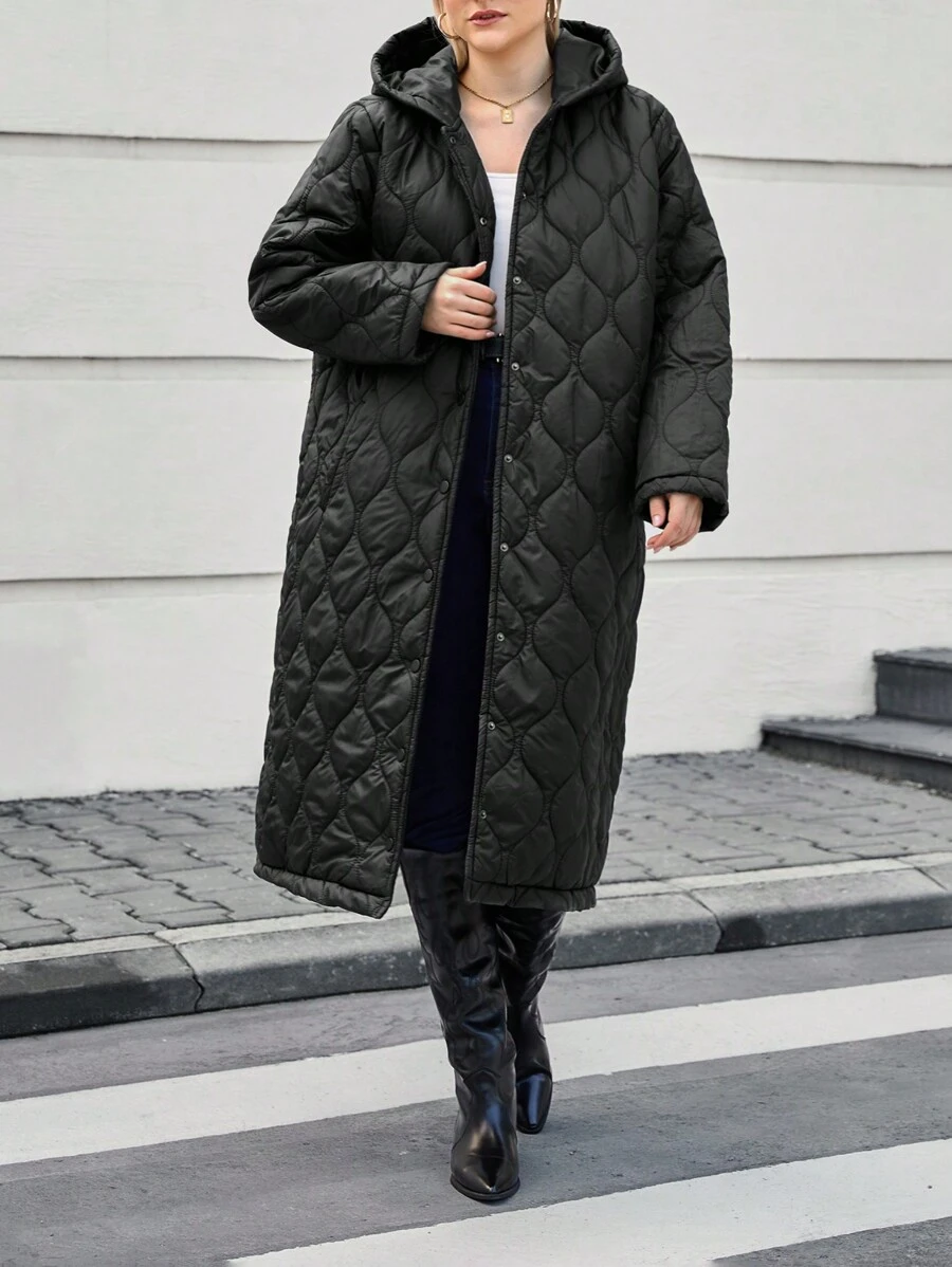 SHEIN Cottnline Black Quilted Plus Size Long Winter Coat - Black - View 1